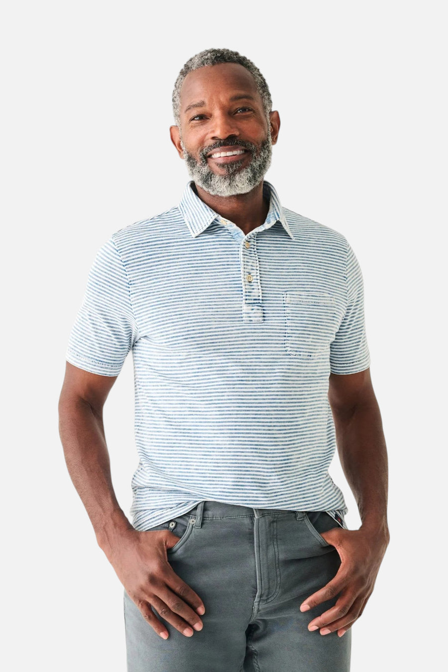 Faherty Short Sleeve Indigo Polo in Salt Wash Indigo Stripe – front view