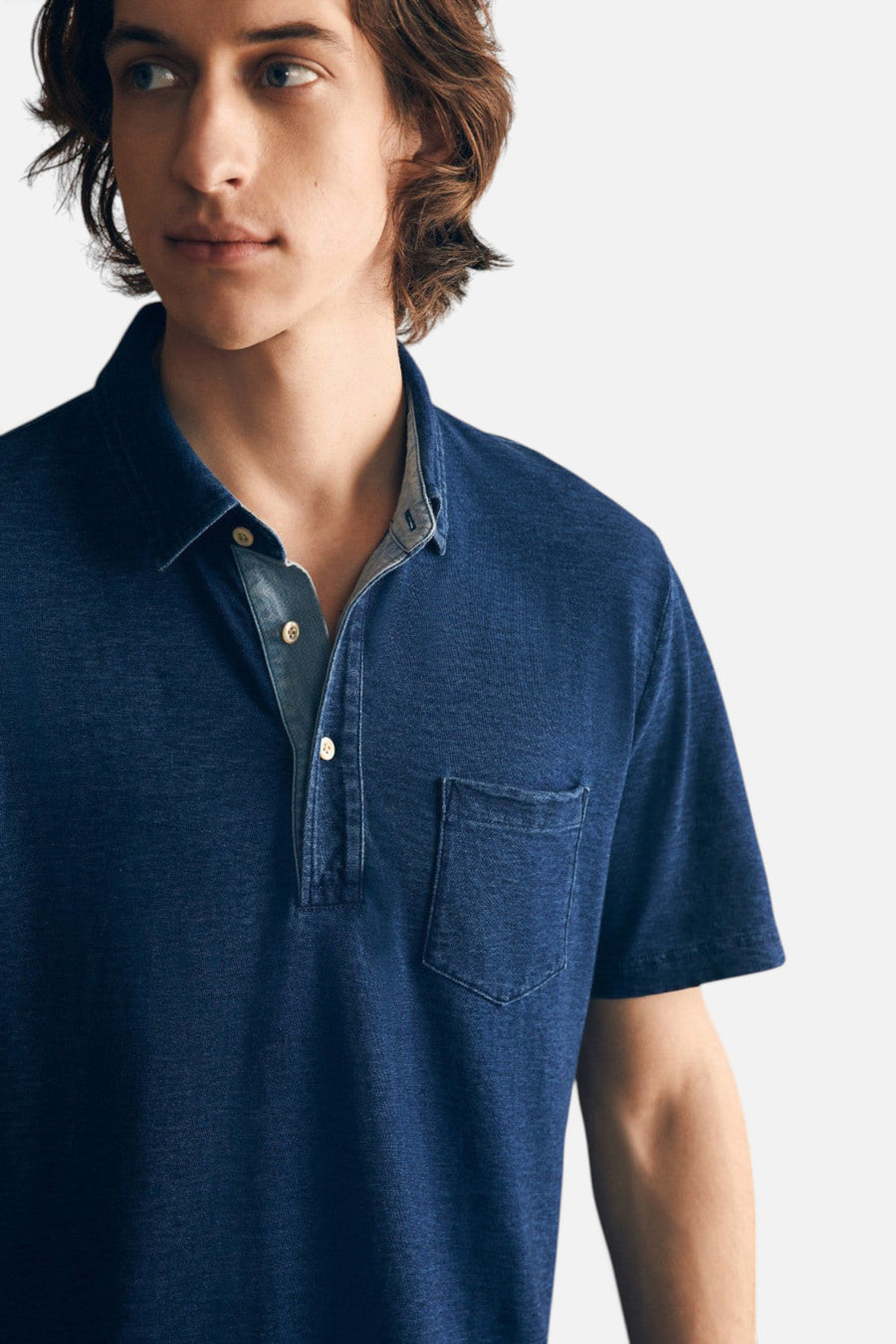 Faherty Short-Sleeve Indigo Polo Shirt in Midnight Wash – back view