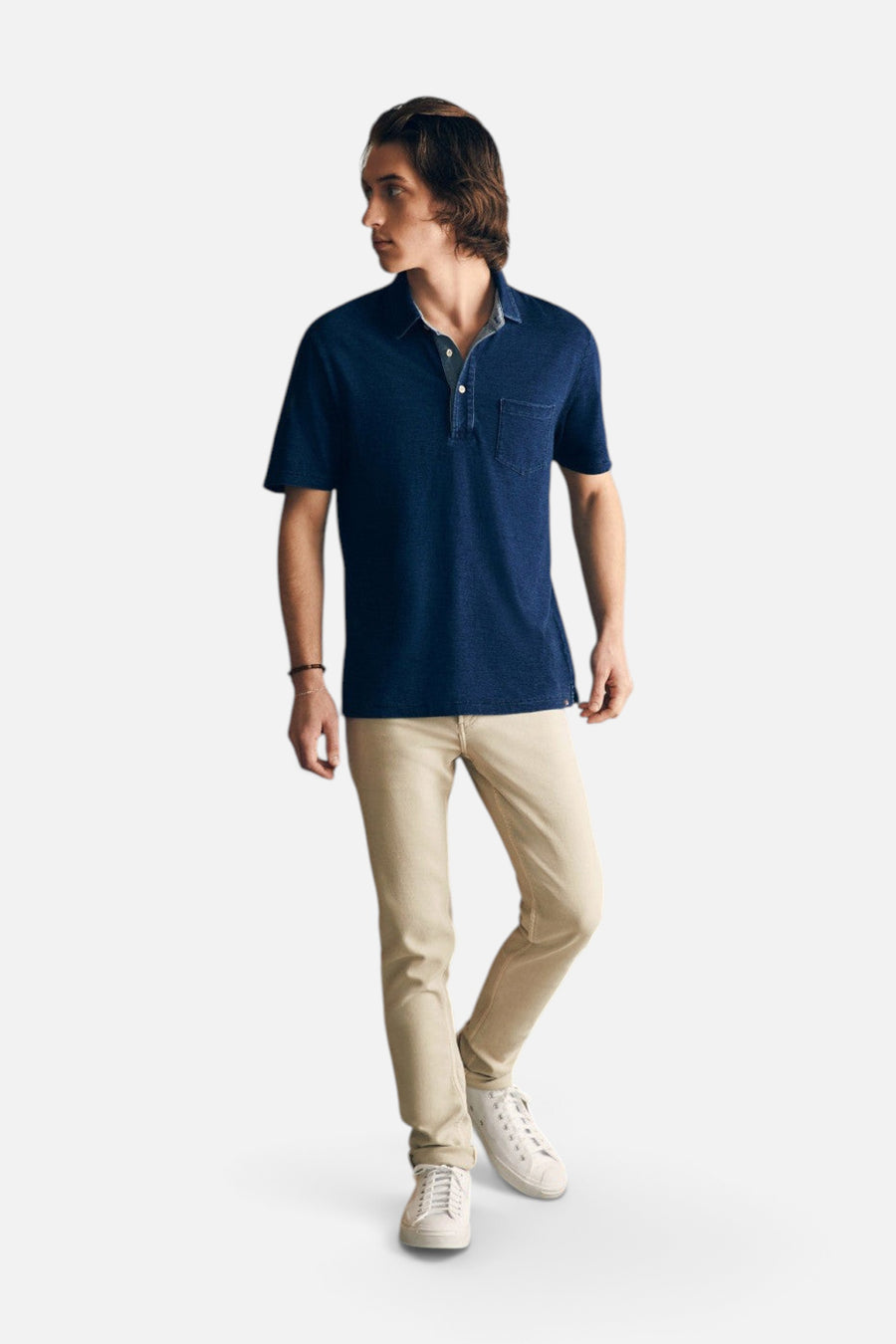 Faherty Short-Sleeve Indigo Polo Shirt in Midnight Wash – detail