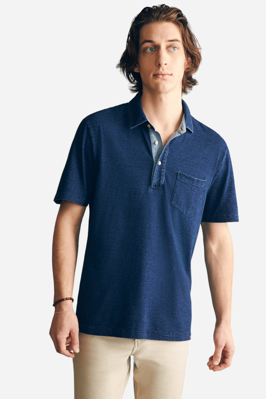 Faherty Short-Sleeve Indigo Polo Shirt in Midnight Wash – front view