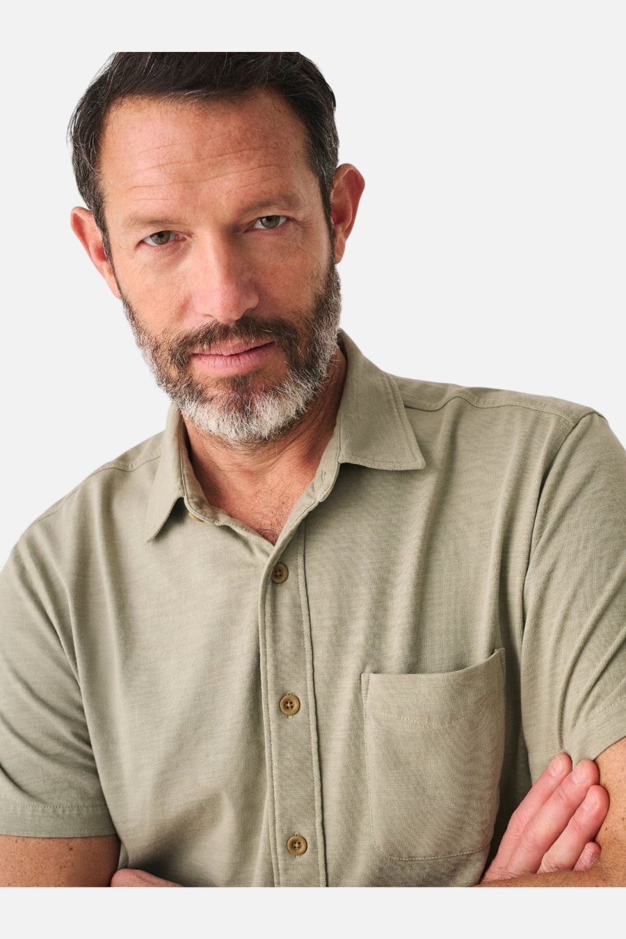 Faherty Short Sleeve Knit Seasons Shirt in Coastal Sage – detail