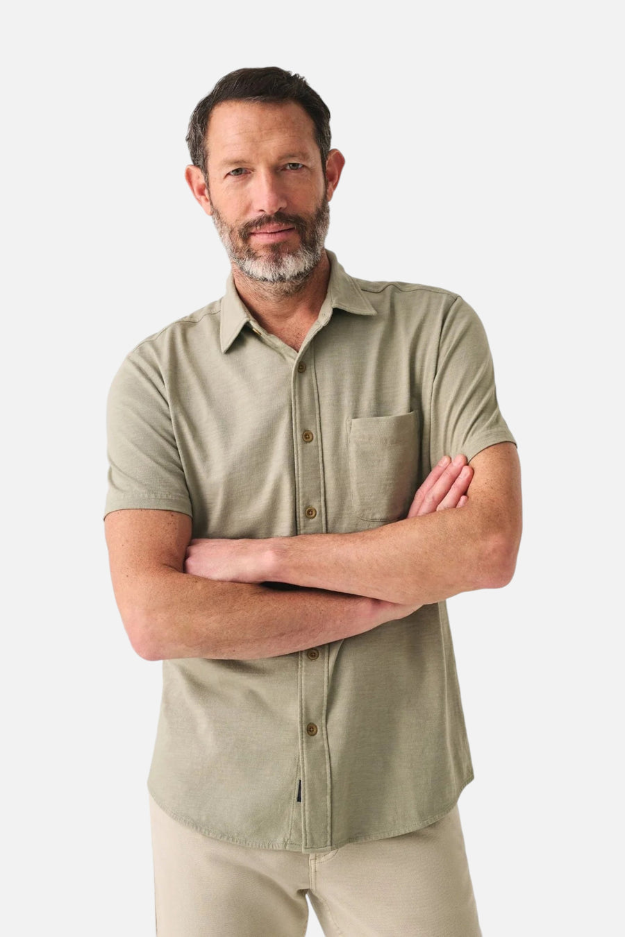 Faherty Short Sleeve Knit Seasons Shirt in Coastal Sage – front view