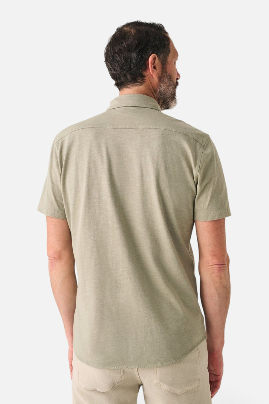 Faherty Short Sleeve Knit Seasons Shirt in Coastal Sage – on model