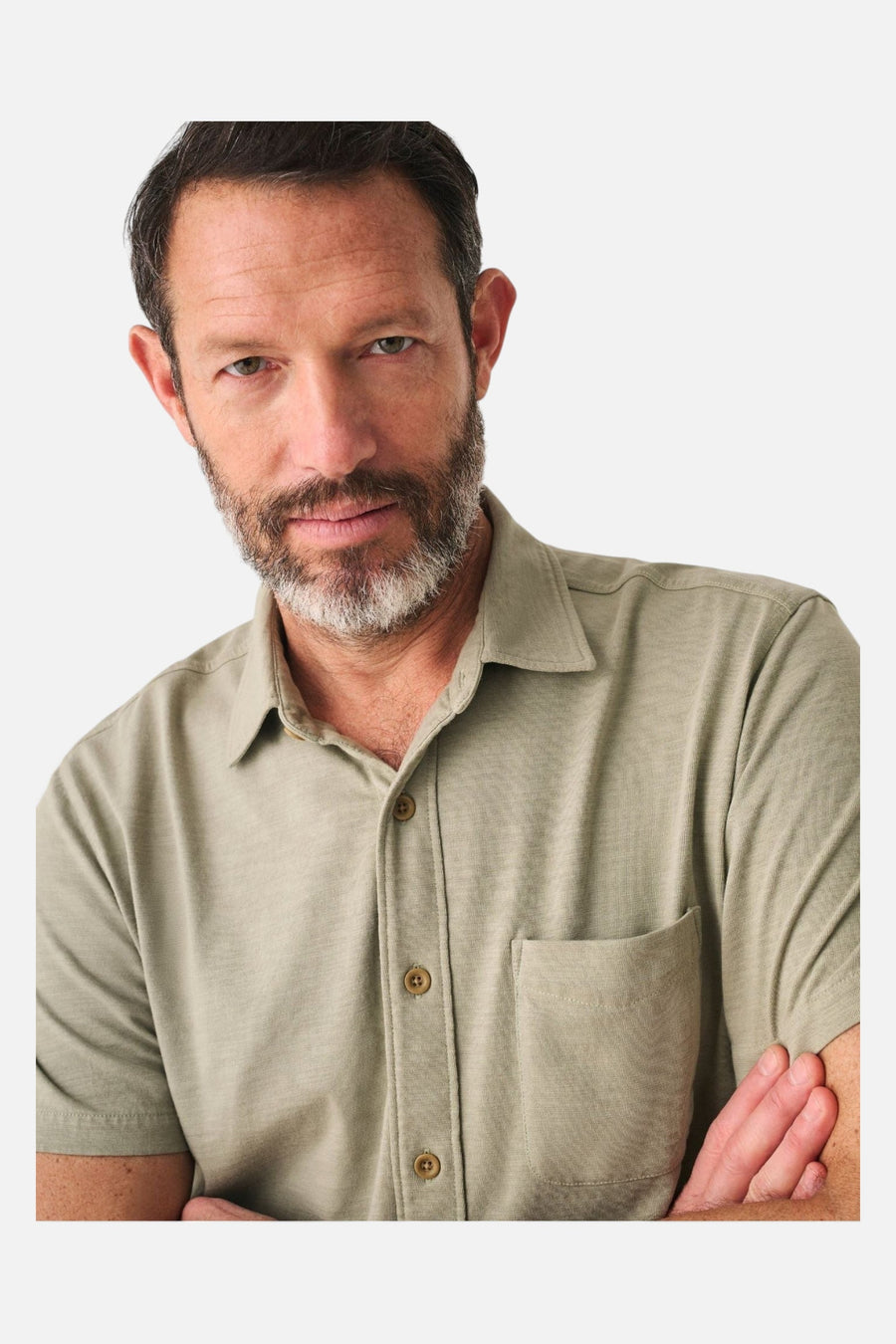 Faherty Short Sleeve Knit Seasons Shirt in Coastal Sage – on model