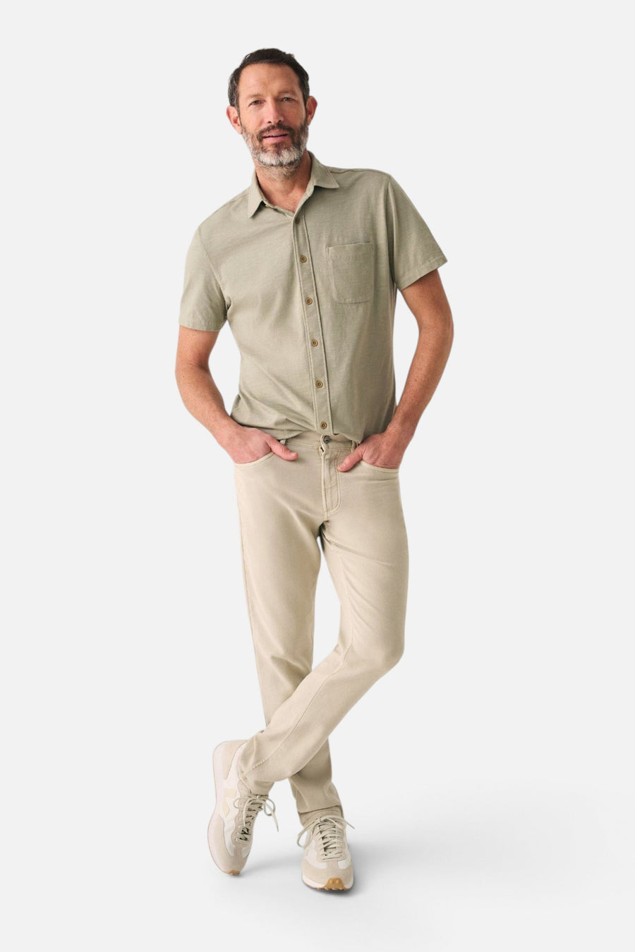 Faherty Short Sleeve Knit Seasons Shirt in Coastal Sage – on model