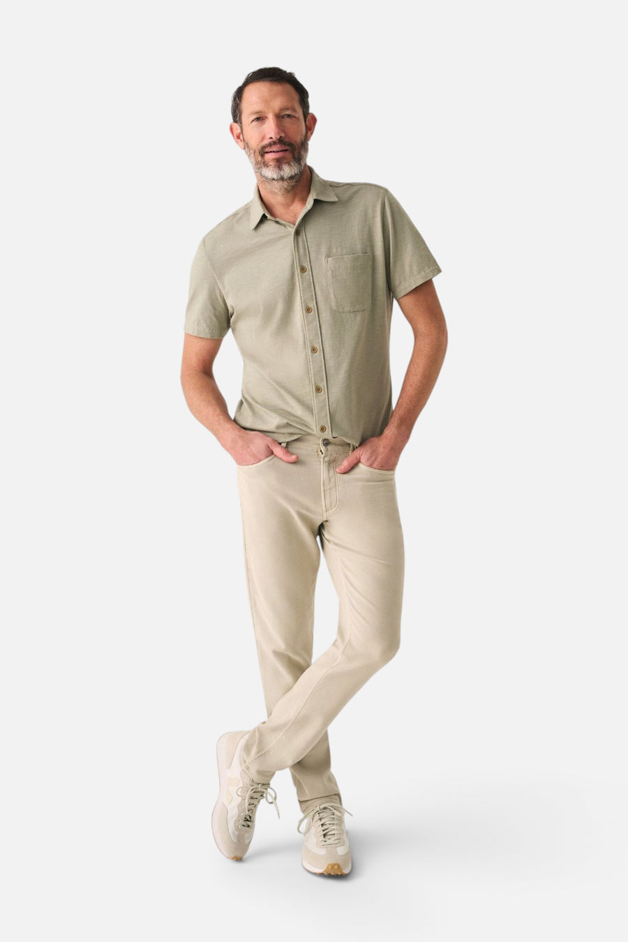 Faherty Short Sleeve Knit Seasons Shirt in Coastal Sage – side view
