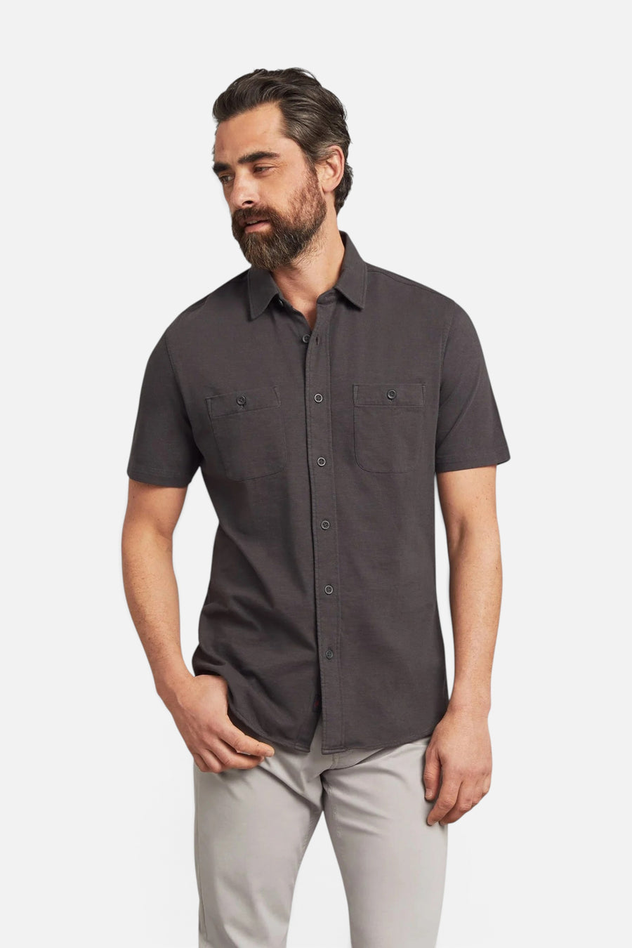 Faherty Short-Sleeve Knit Seasons Shirt in Washed Black – front view