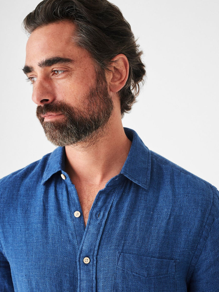 Faherty Short Sleeve Linen Laguna Shirt in Indigo Basketweave – back view