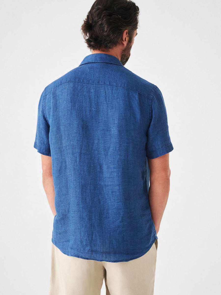 Faherty Short Sleeve Linen Laguna Shirt in Indigo Basketweave – detail
