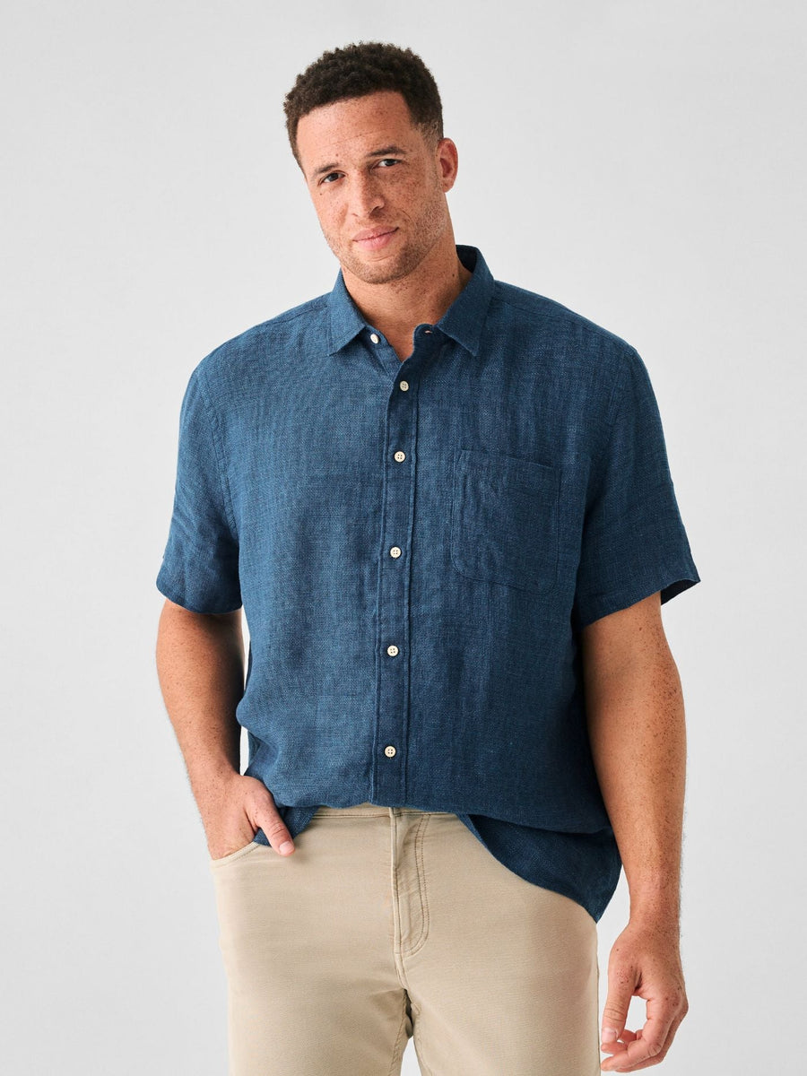 Faherty Short Sleeve Linen Laguna Shirt in Indigo Basketweave – flat lay