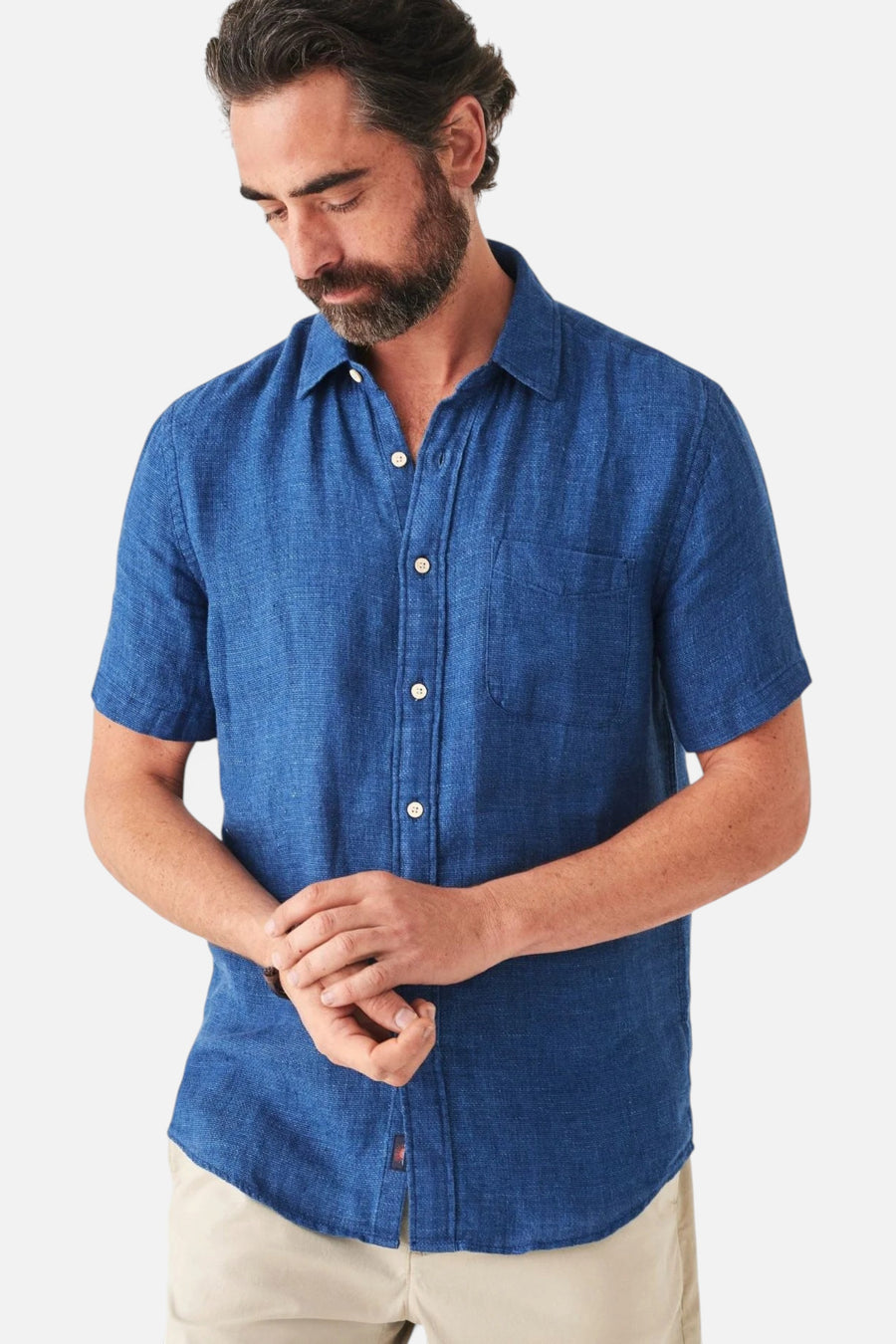 Faherty Short Sleeve Linen Laguna Shirt in Indigo Basketweave – front view