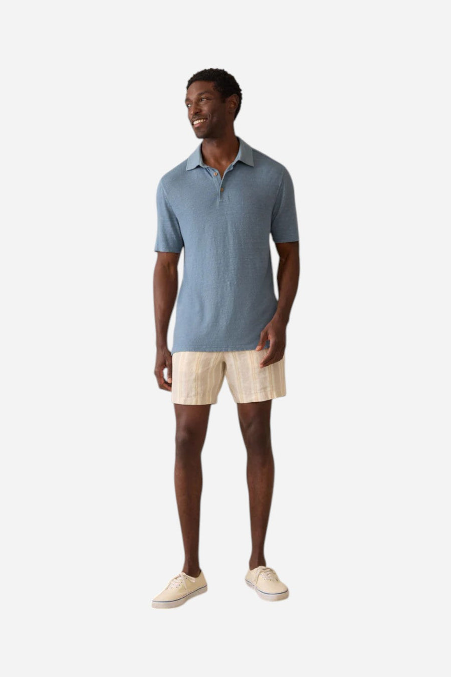 Faherty Short-Sleeve Linen Polo in Deep Marine – back view