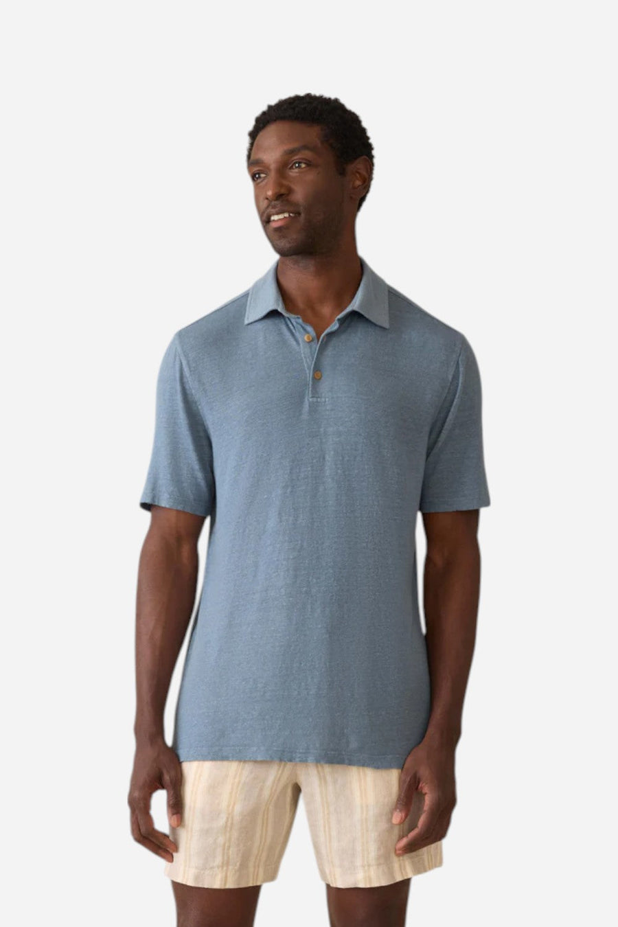 Faherty Short-Sleeve Linen Polo in Deep Marine – front view