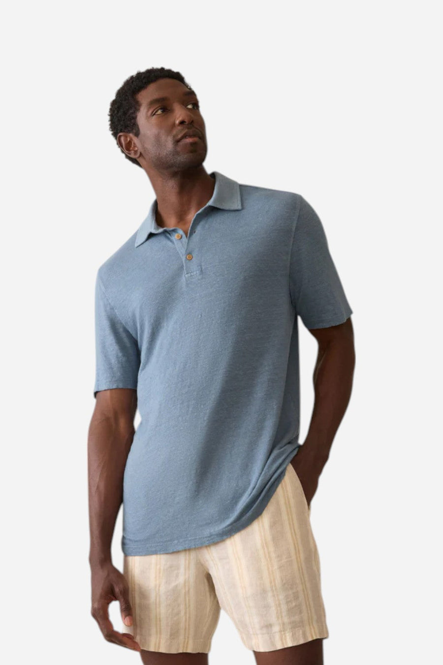 Faherty Short-Sleeve Linen Polo in Deep Marine – side view