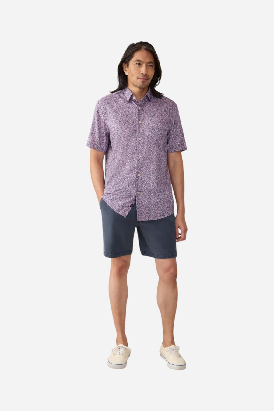 Faherty Short-Sleeve Movement™ Monterey Shirt in Lavender Sky Canopy – flat lay