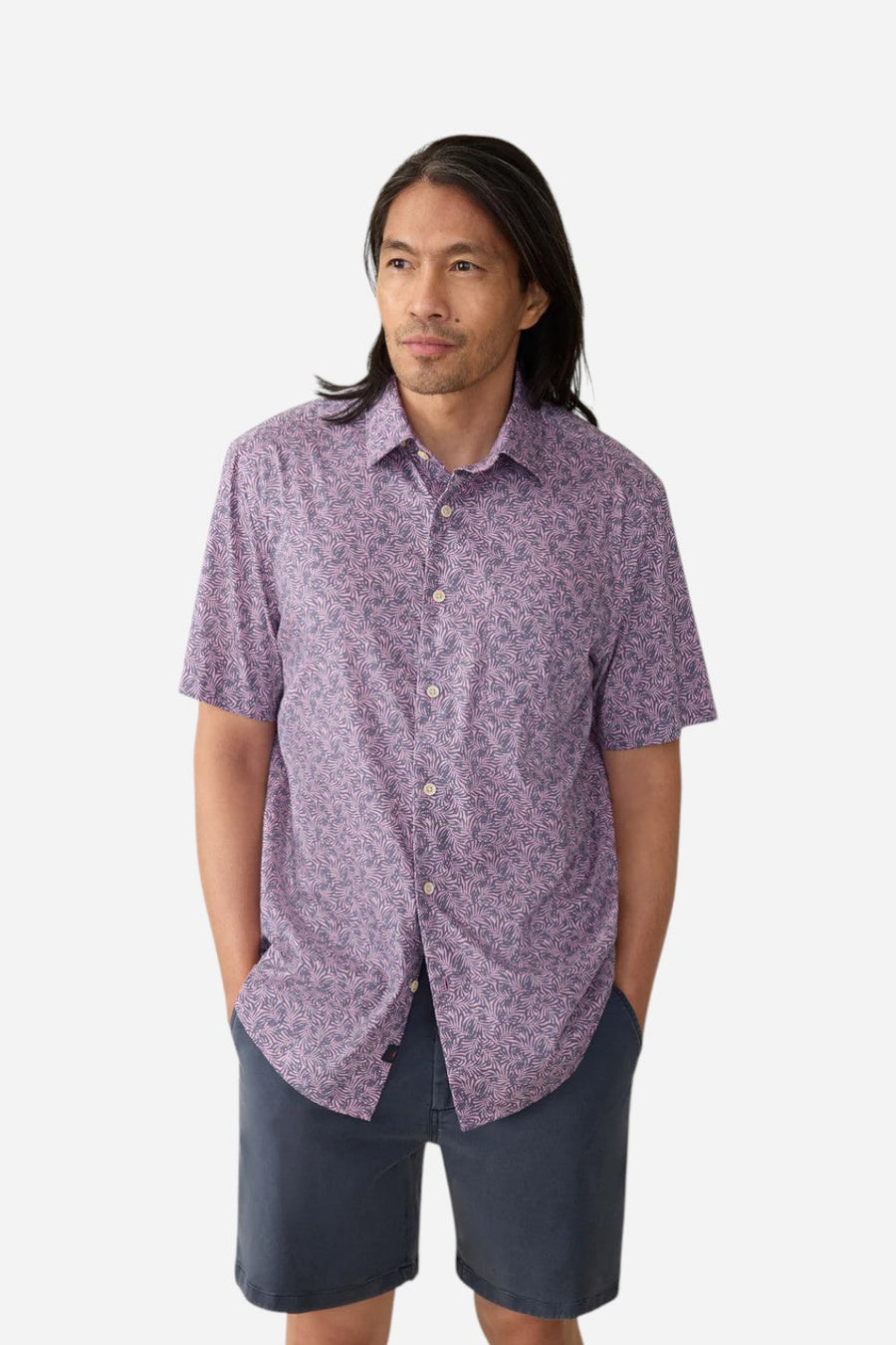 Faherty Short-Sleeve Movement™ Monterey Shirt in Lavender Sky Canopy – front view