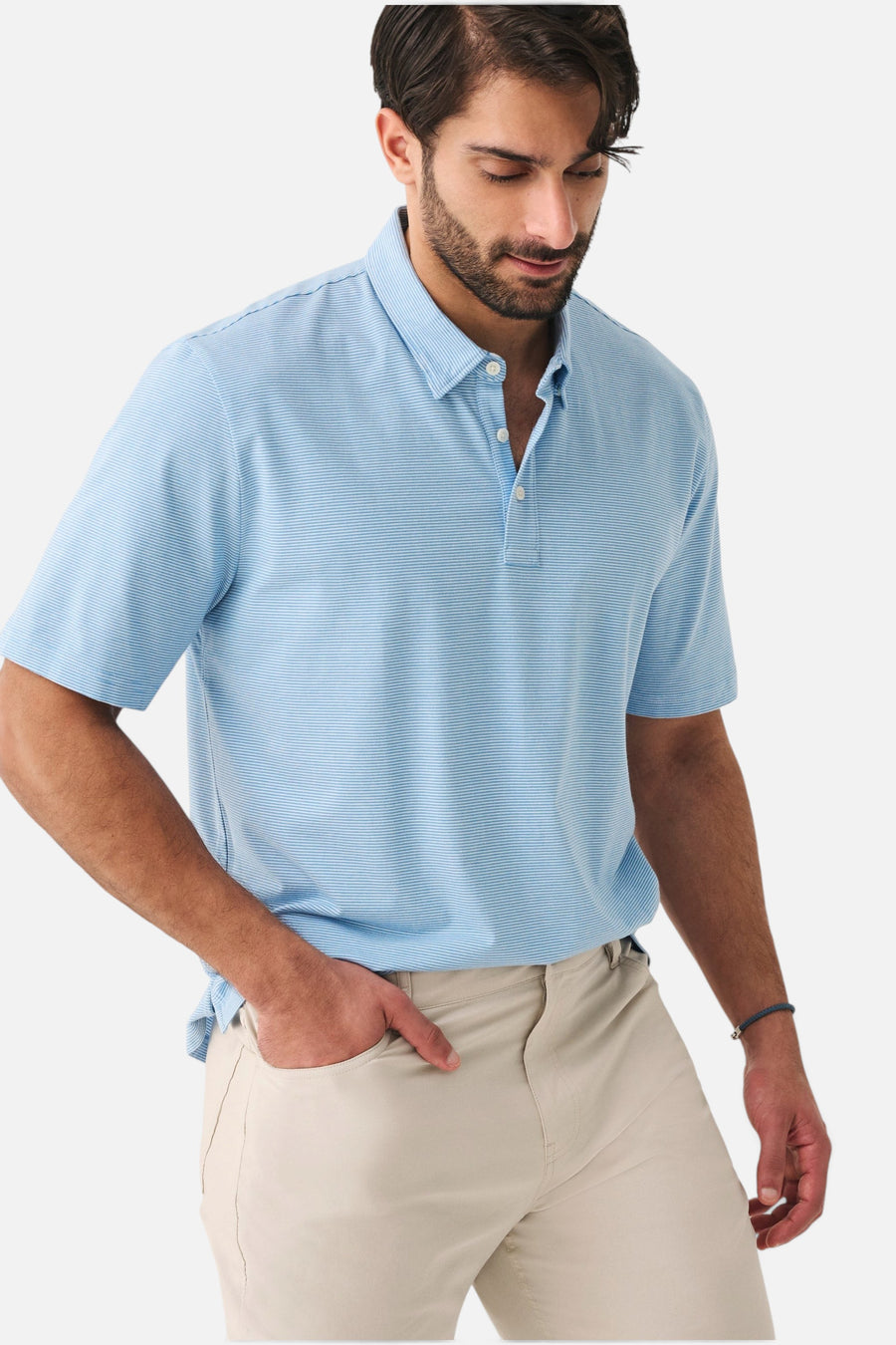 Faherty Short-Sleeve Movement™ Pique Polo in Clean Lake Feeder – flat lay