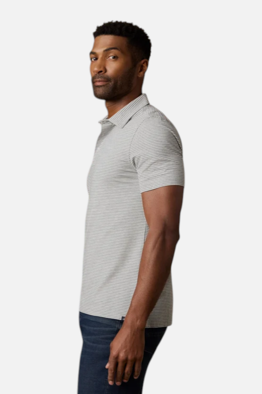 Faherty Short Sleeve Movement Polo in Dark Cloud – back view