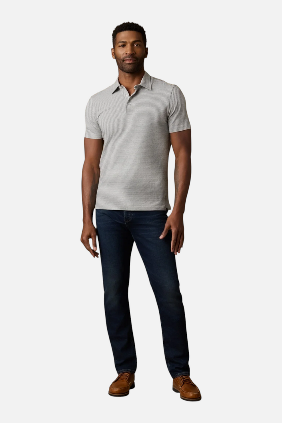 Faherty Short Sleeve Movement Polo in Dark Cloud – front view