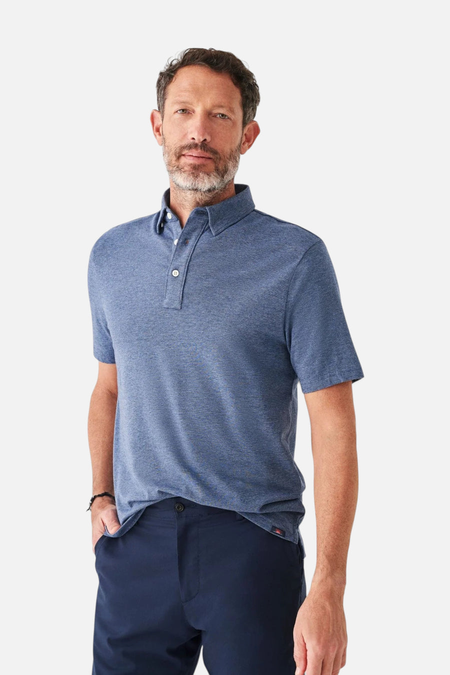 Faherty Short Sleeve Movement Polo in Sea Navy Melange – front view