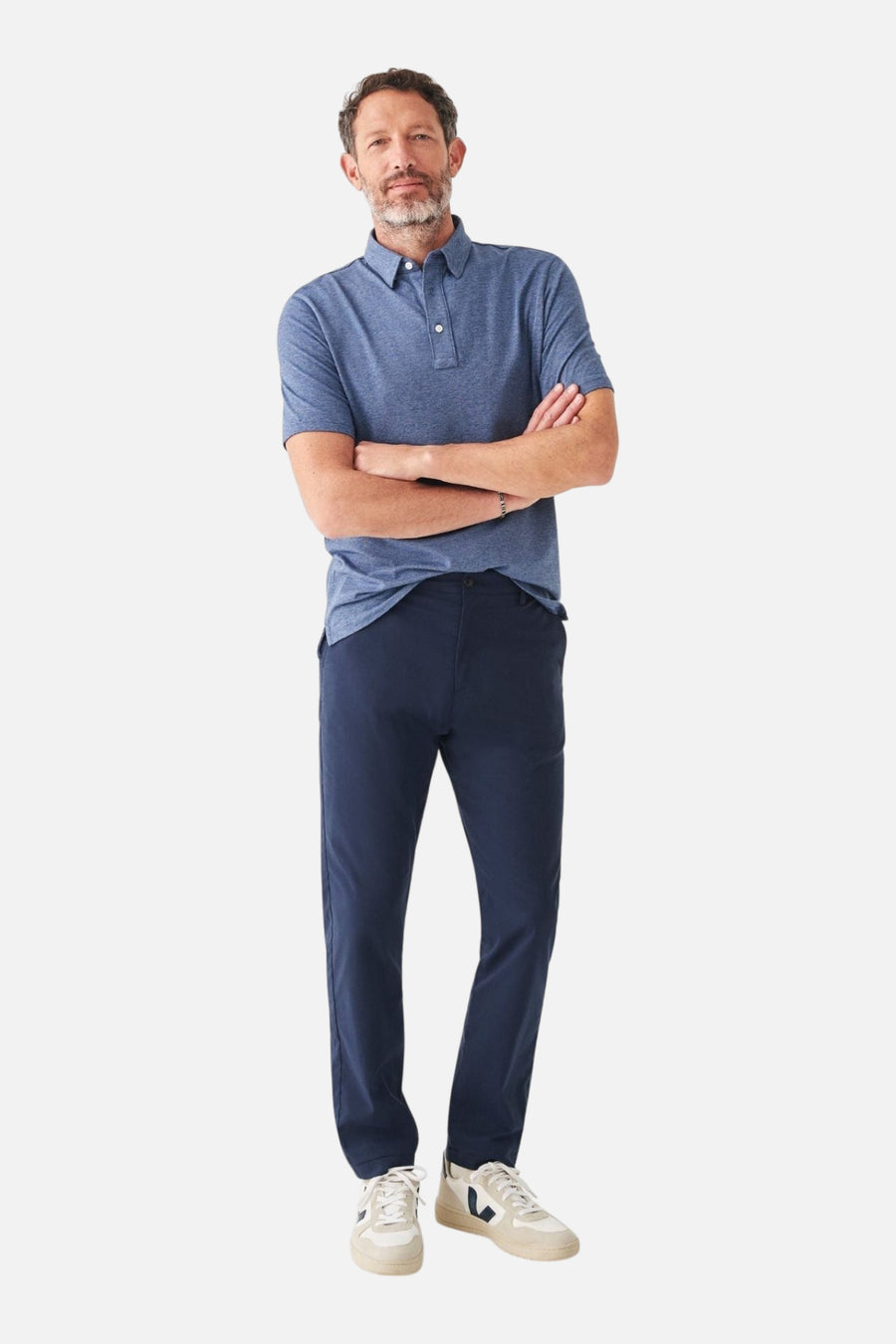 Faherty Short Sleeve Movement Polo in Sea Navy Melange – side view