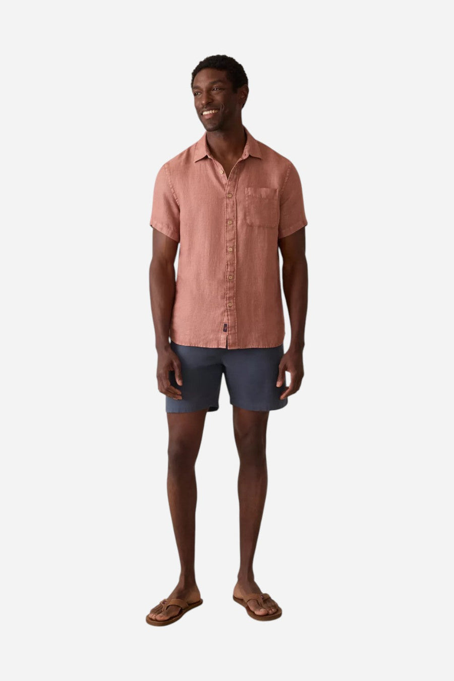 Faherty Short-Sleeve Palma Linen Shirt in Cedar Rose – back view