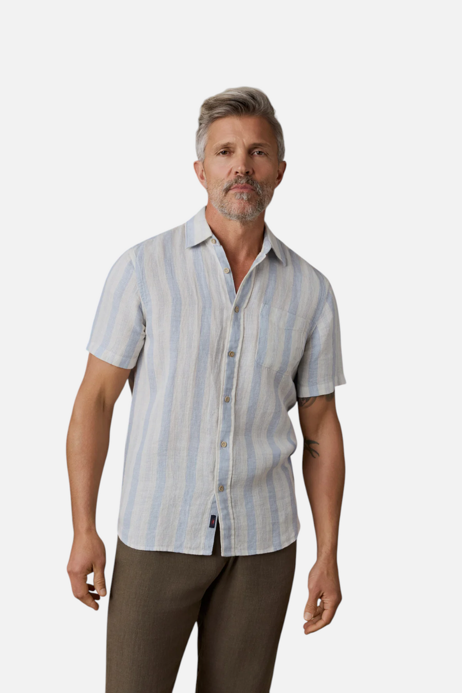 Faherty Short Sleeve Palma Linen Shirt in Island Blue Stripe – front view