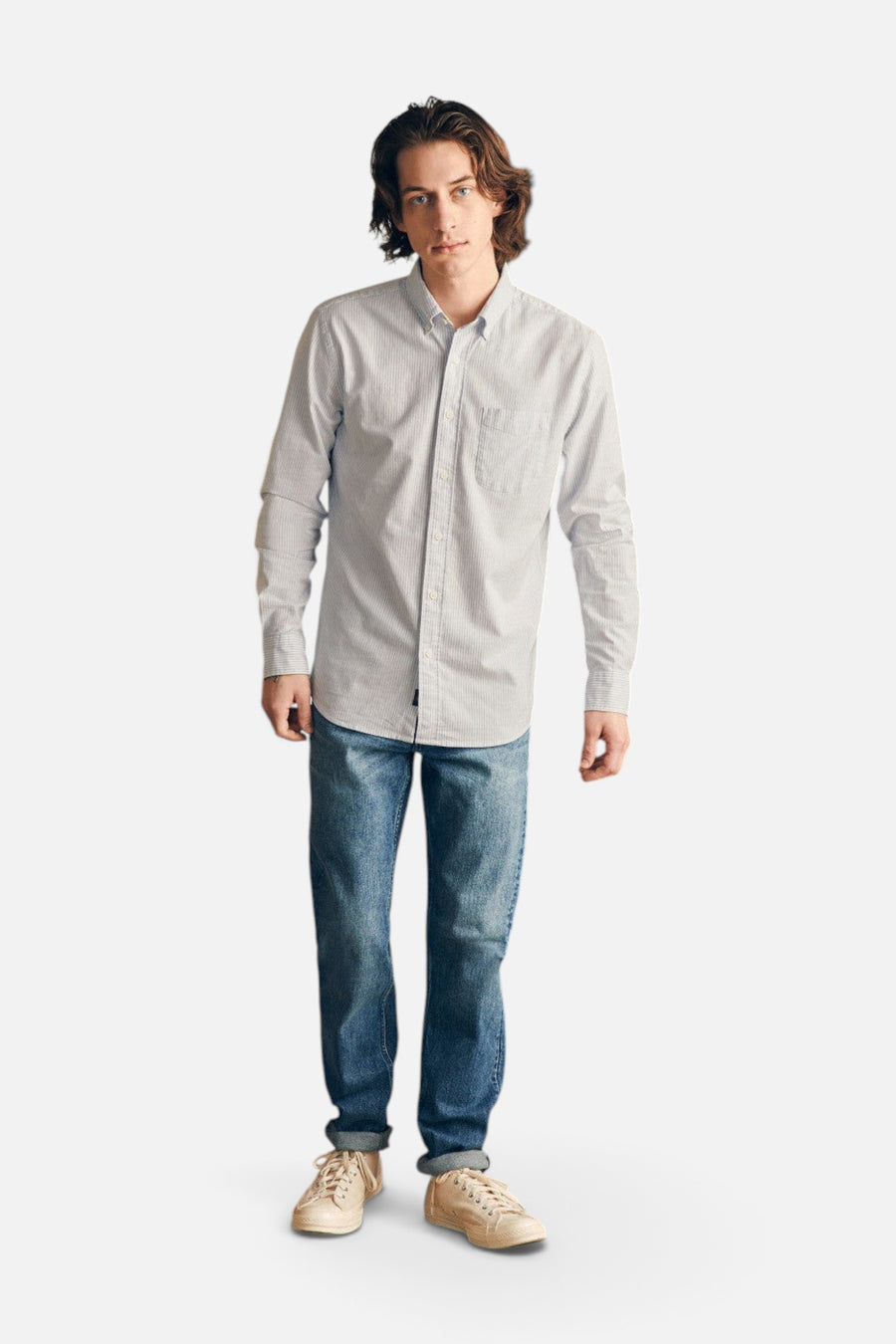 Faherty Short Sleeve Supima Oxford Shirt in Classic Stripe – detail