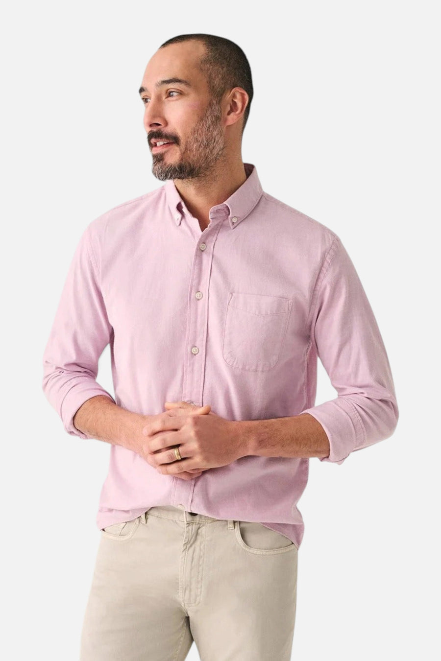 Faherty Stretch Oxford Shirt 2.0 in Orchid – on model