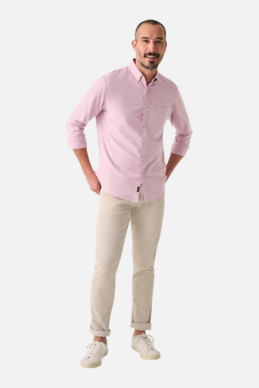 Faherty Stretch Oxford Shirt 2.0 in Orchid – on model
