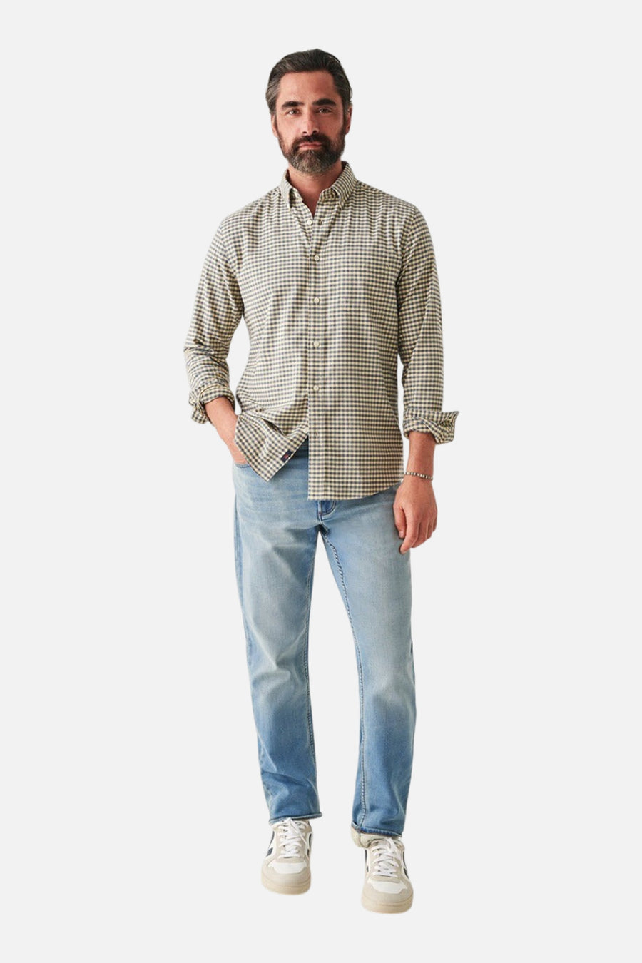 Faherty Stretch Oxford Shirt 2.0 in Sunny Seas Gingham – side view
