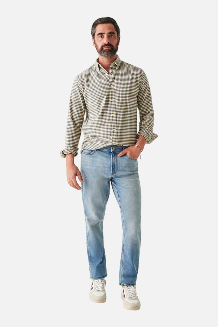 Faherty Stretch Oxford Shirt 2.0 in Sunny Seas Gingham – side view