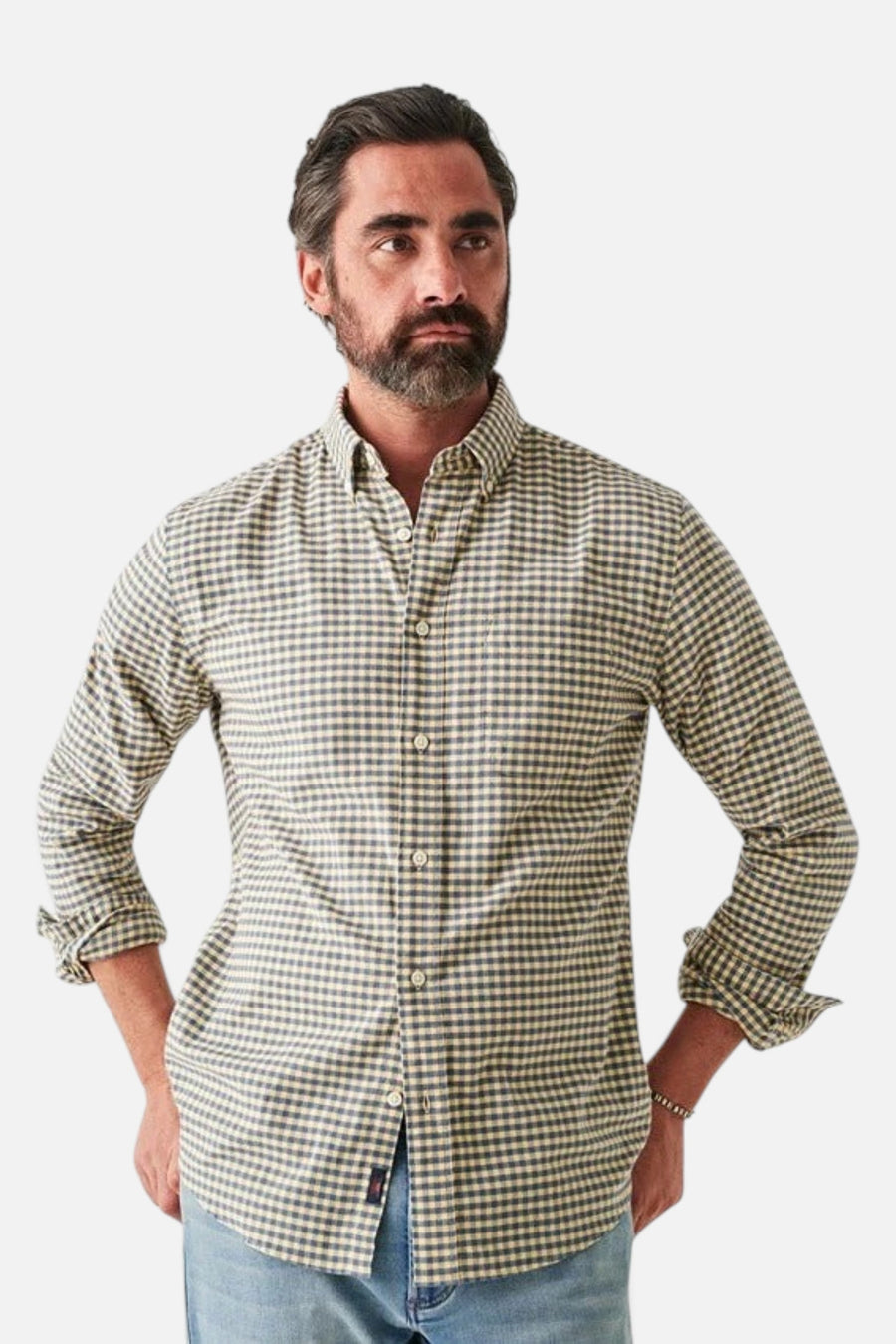 Faherty Stretch Oxford Shirt 2.0 in Sunny Seas Gingham – side view