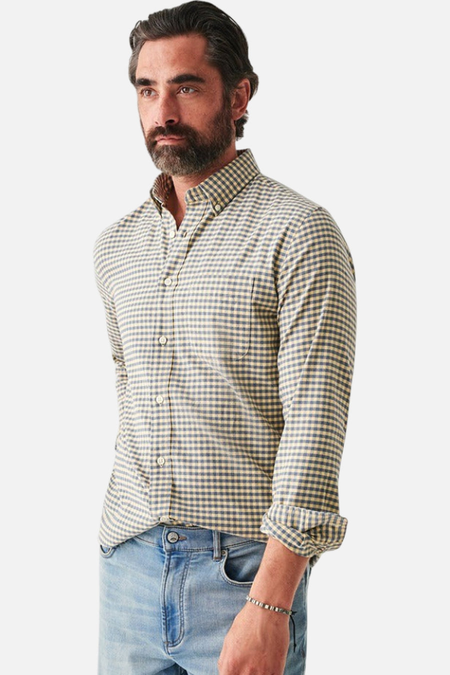 Faherty Stretch Oxford Shirt 2.0 in Sunny Seas Gingham – side view