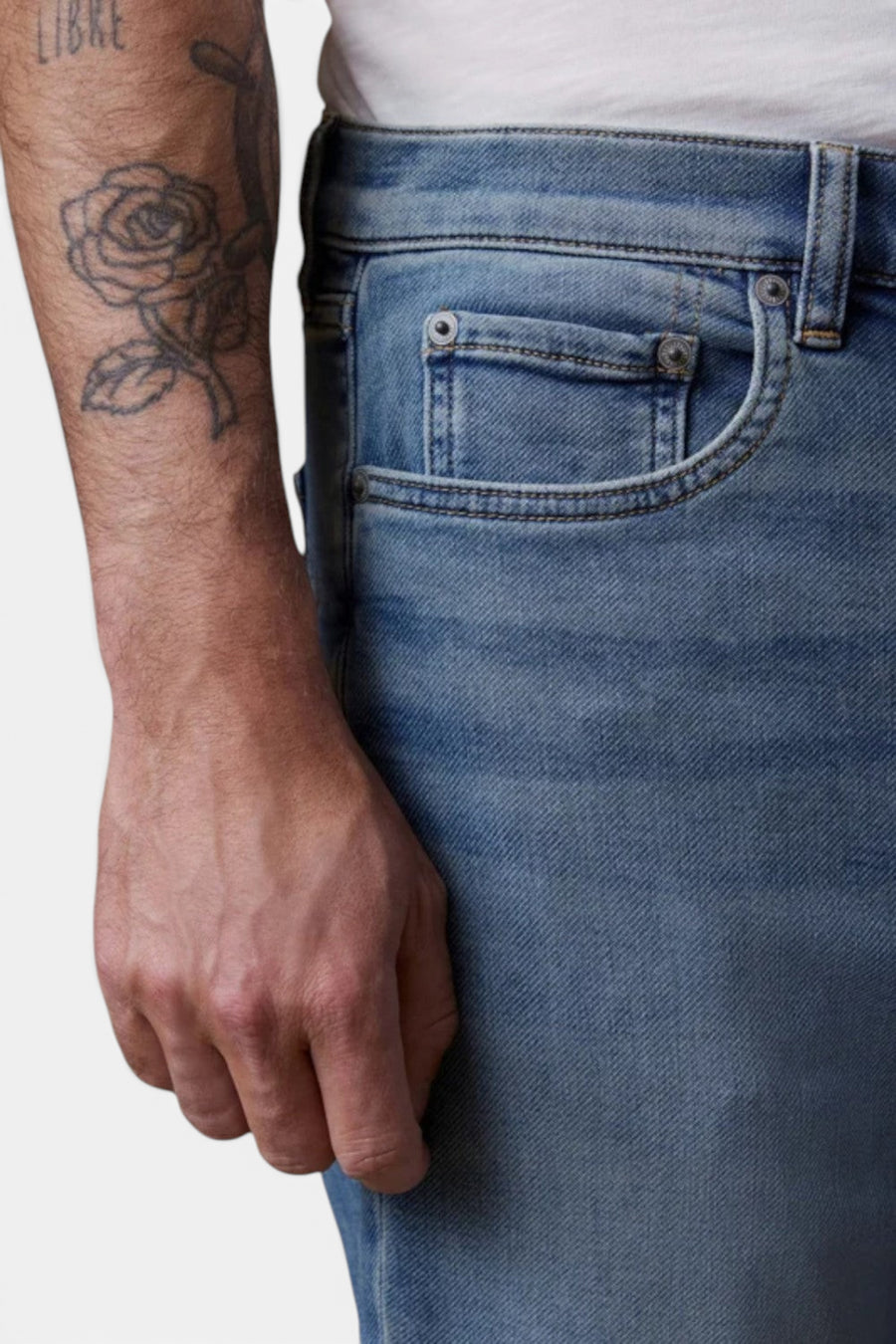 Faherty Stretch Terry 5-Pocket Jean in Indigo Ocean Wash – flat lay