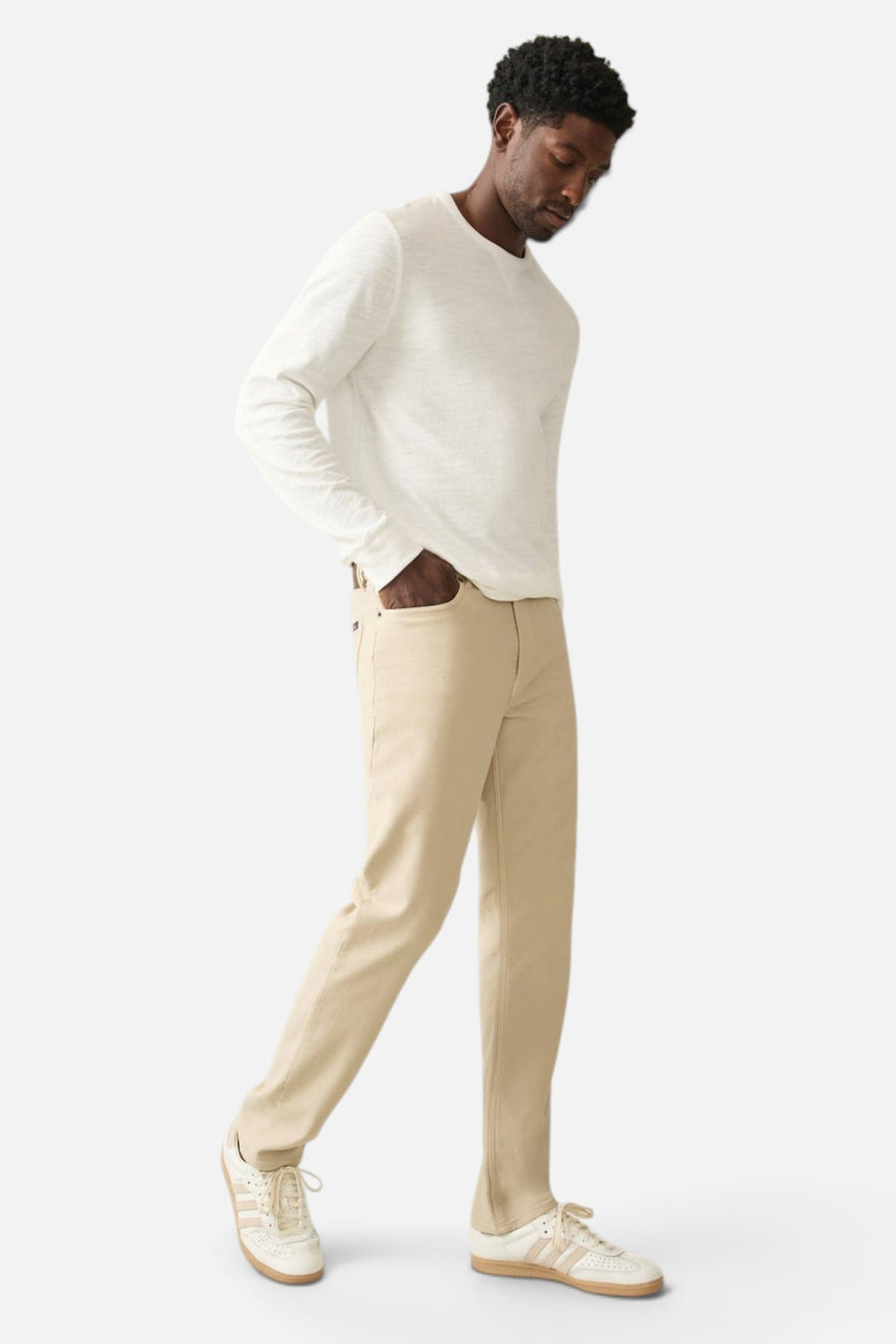 Faherty Stretch Terry 5-Pocket Pant in Stone – side view