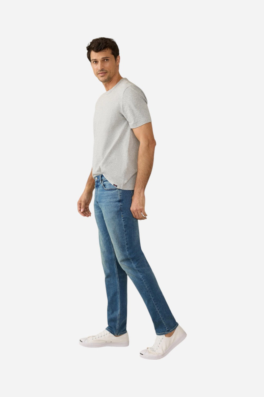 Faherty Stretch Terry Indigo 5 Pocket Pant in Storm Harbor Wash – side view