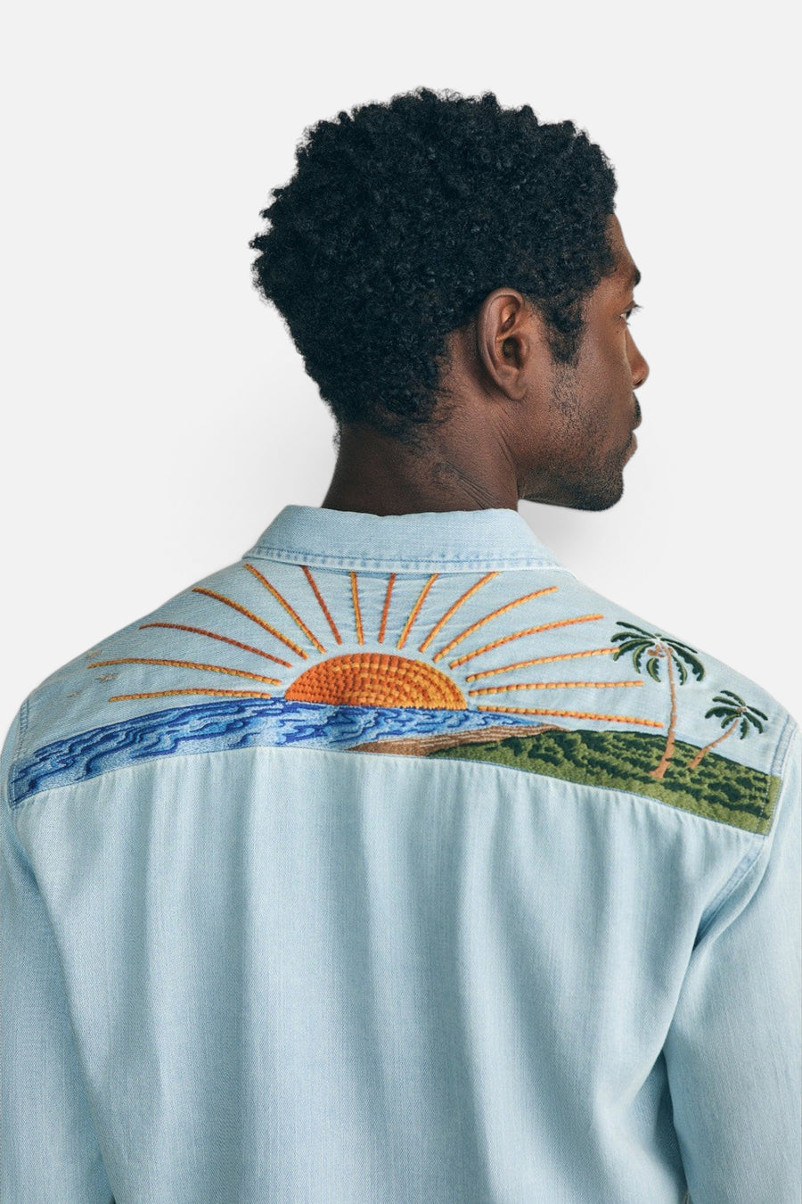 Faherty Sun & Waves Embroidered Shirt in Sunset Sky – back view