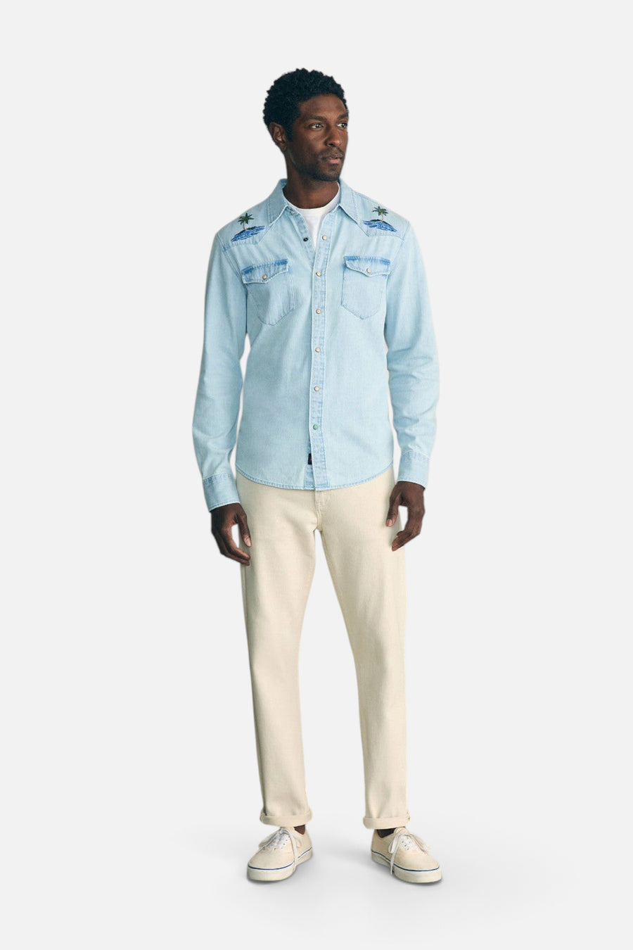 Faherty Sun & Waves Embroidered Shirt in Sunset Sky – detail