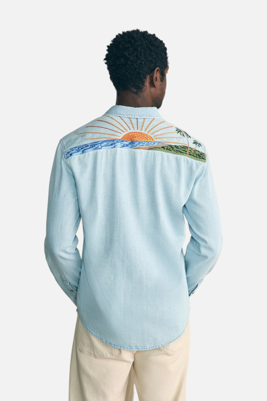 Faherty Sun & Waves Embroidered Shirt in Sunset Sky – flat lay