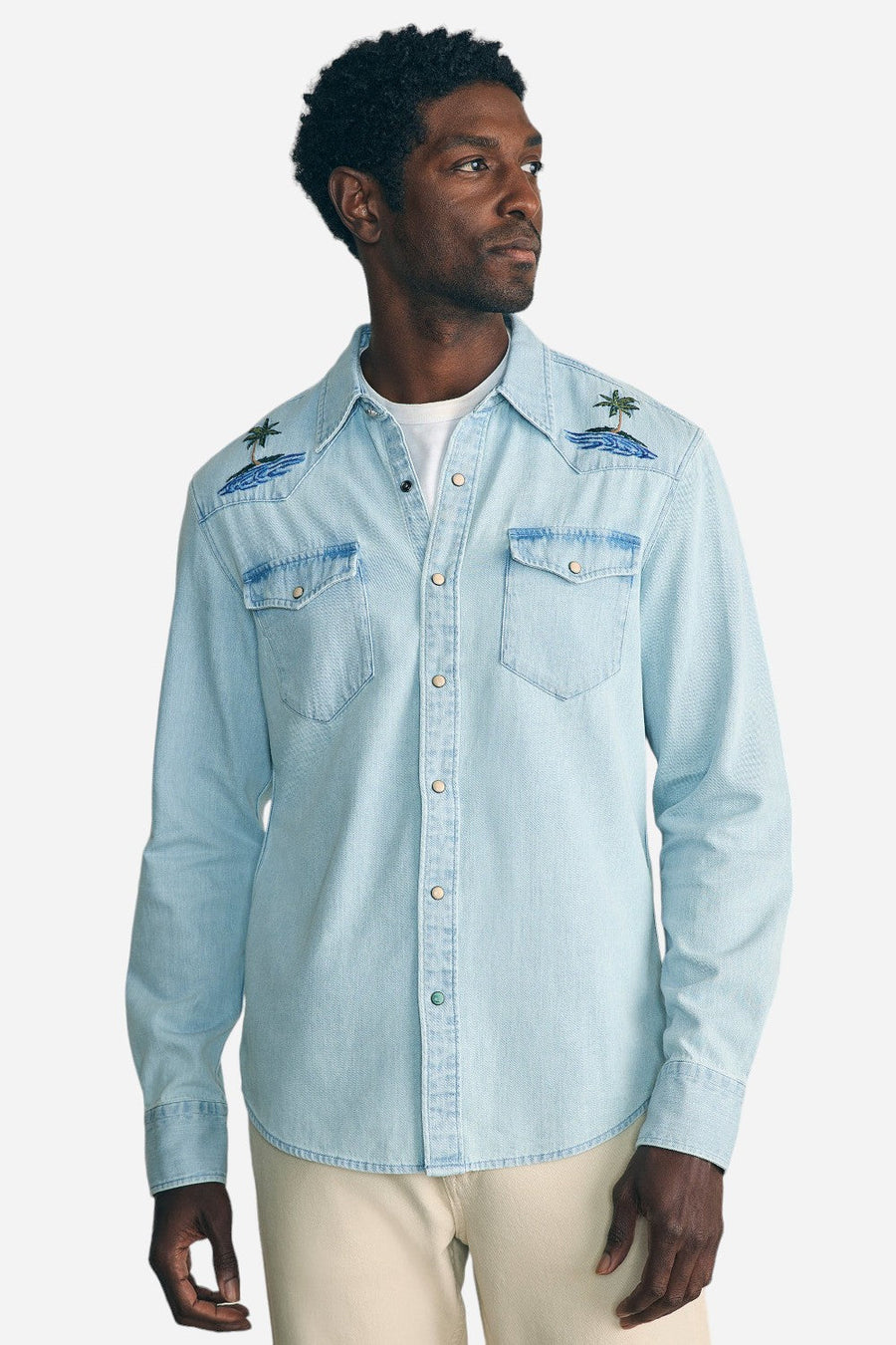 Faherty Sun & Waves Embroidered Shirt in Sunset Sky – front view