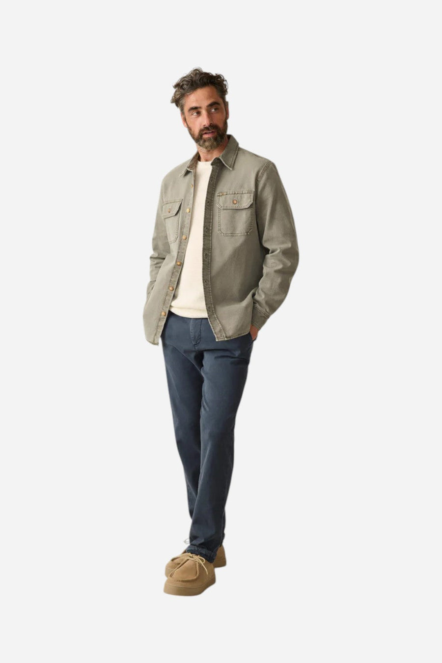 Faherty Sunwashed Canvas CPO in Aspen Olive – detail