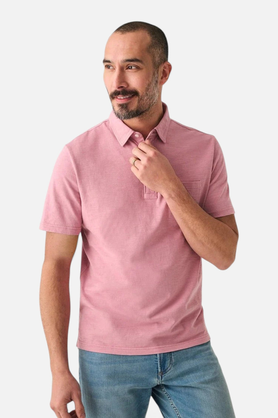 Faherty Sunwashed T-Shirt Polo in Light Orchid – side view