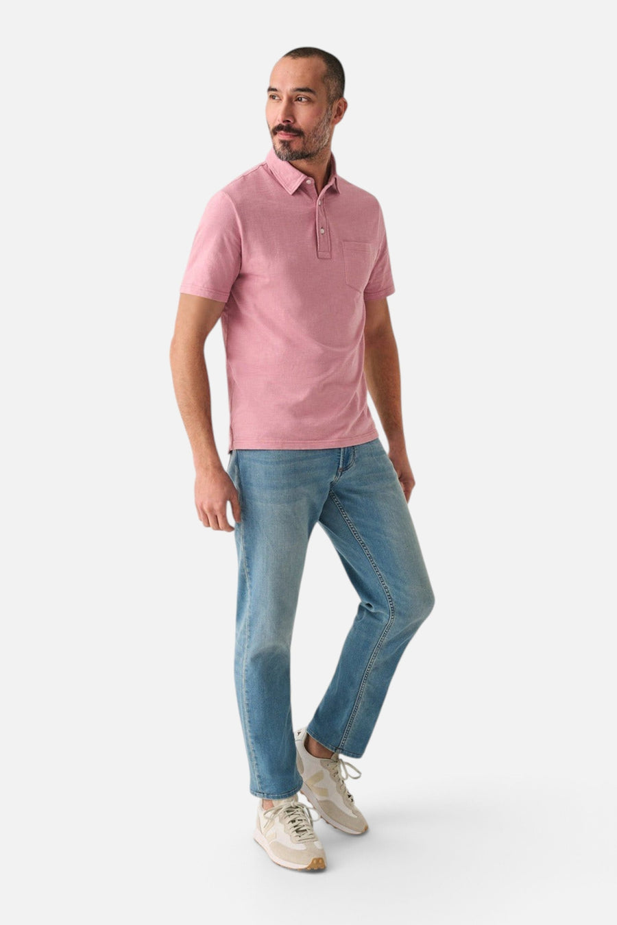 Faherty Sunwashed T-Shirt Polo in Light Orchid – side view