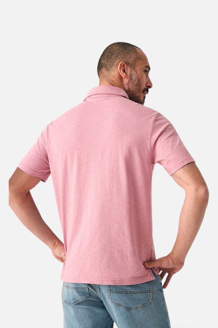 Faherty Sunwashed T-Shirt Polo in Light Orchid – side view