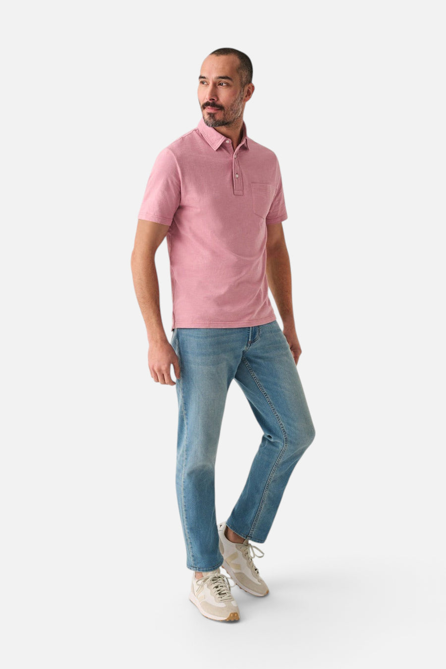 Faherty Sunwashed T-Shirt Polo in Light Orchid – side view