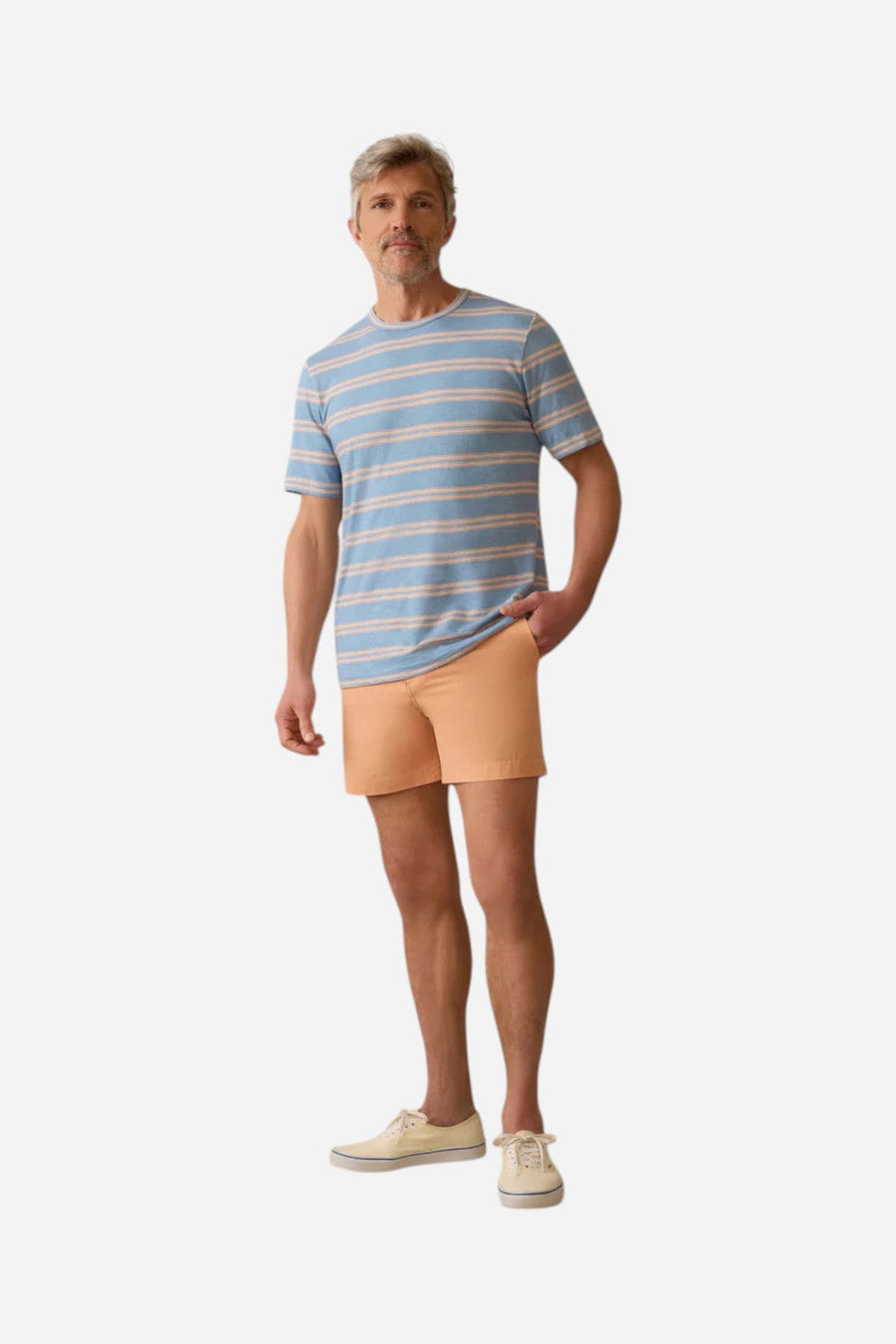 Faherty Sunwashed Tee in Coast Coral Stripe – flat lay