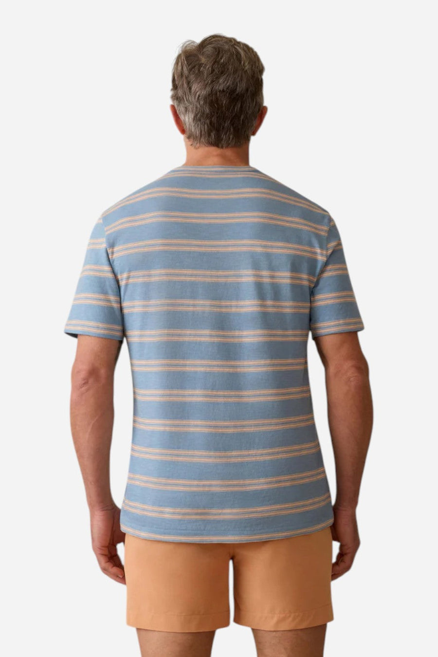 Faherty Sunwashed Tee in Coast Coral Stripe – on model