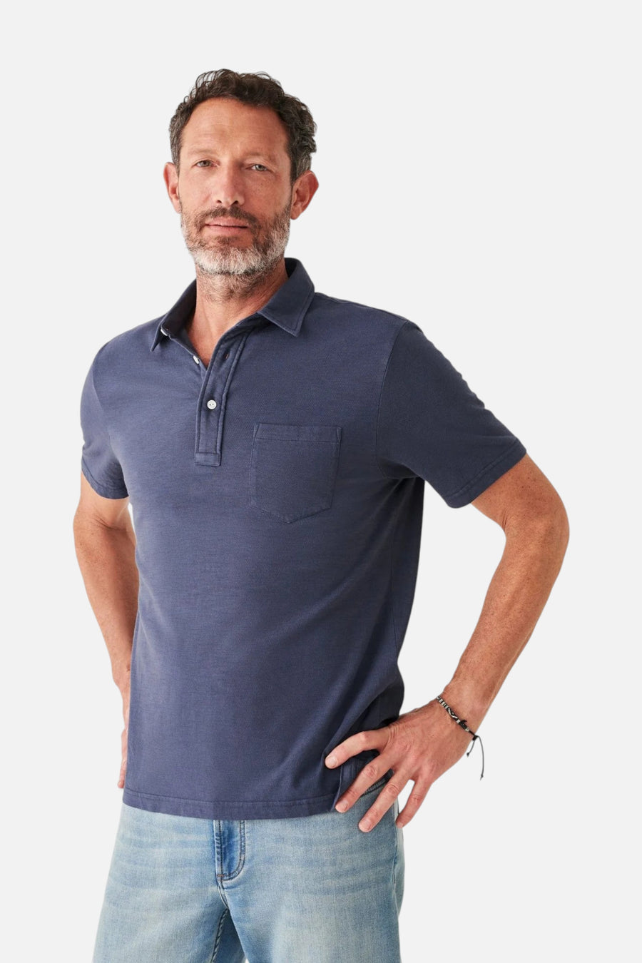 Faherty Sunwashed Tshirt Polo in Dune Navy – front view