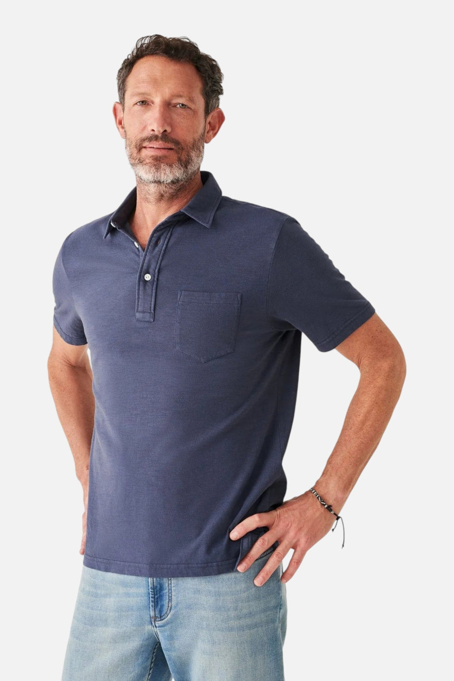 Faherty Sunwashed Tshirt Polo in Dune Navy – side view